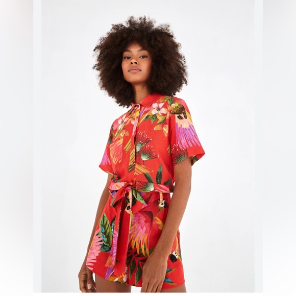 FARM Rio Pants - NWT Farm Rio Red Romper Parrot Print Size M